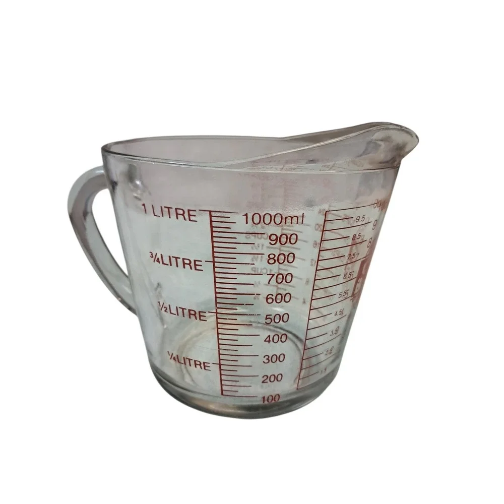 Anchor Hocking Oven Basics 4 Cup/1 Litre/1‎ Quart Glass Measuring Cup Red Print